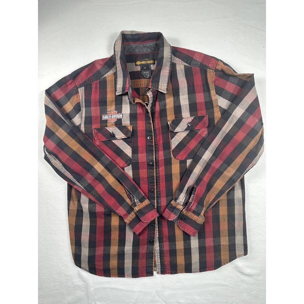 Harley-Davidson Mens XL Plaid Button Down Shirt Long Sleeve Embroidered Logo Red